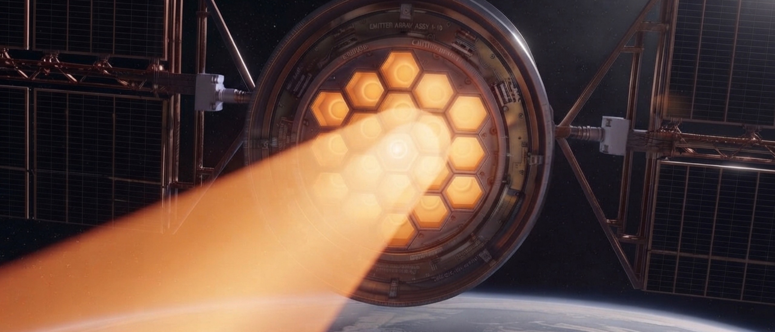 The Helios Beam emitter array in orbit, transmitting power toward Earth